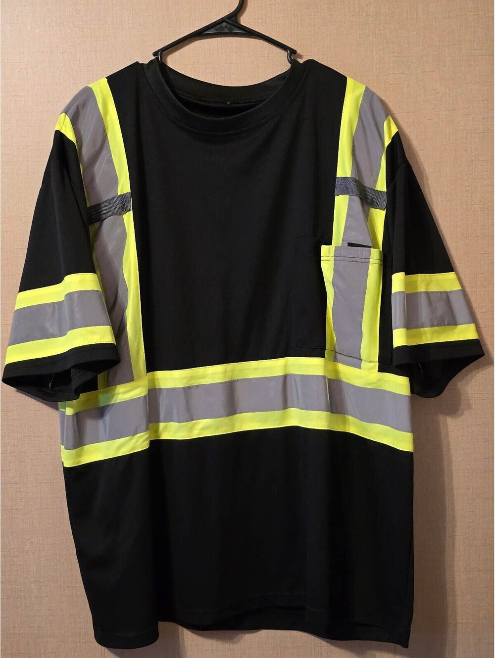 Men's Black High-Visibility Safety T-Shirt with Yellow and Gray Reflective Strps